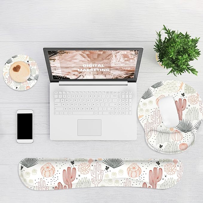 Ergonomic Mouse Pad with Wrist Rest and Keyboard Wrist Rest, Mousepad and Wrist Rest for Computer Keyboard, Pain Relief, Non-Slip Rubber Base, Mouse Pad with Wrist Support for Gaming, Office, Cactus