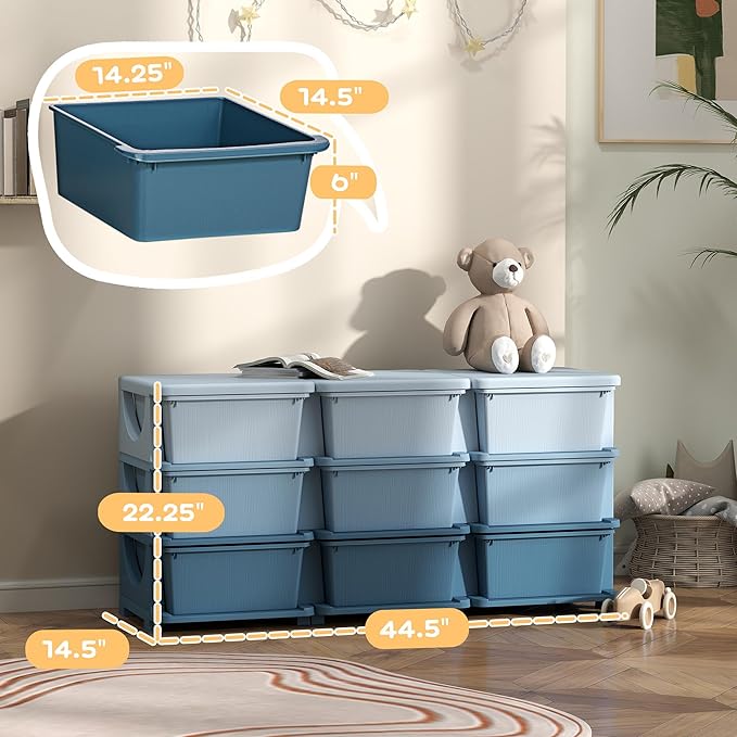 Qaba 3 Tier Kids Storage Unit, Toy Organizers and Storage with 9 Drawer Chest for Kids Bedroom Nursery Kindergarten Living Room for Boys Girls Toddlers, Blue