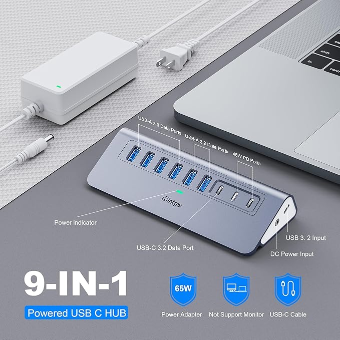 Powered USB Hub 10Gbps, intpw YH6AC 9-Port USB HUB with 10Gbps USB A/USB C 3.2, 4 USB 3.0, 2 PD 45W Charging Port, 65W Power Adapter + 4.92FT Cable, Aluminum USB Hub for Laptop, PC,iPhone 17/16