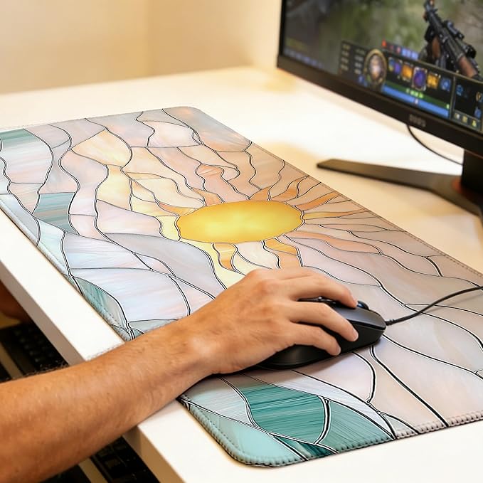 Large Gaming Mouse Pad Abstract Serene Ocean Sunrise Desk Mat,Non-Slip Rubber Base Stitched Edges,Extended Mousepad for PC,Laptop,Office,Home Decor(31.5 x 11.8 Inch)