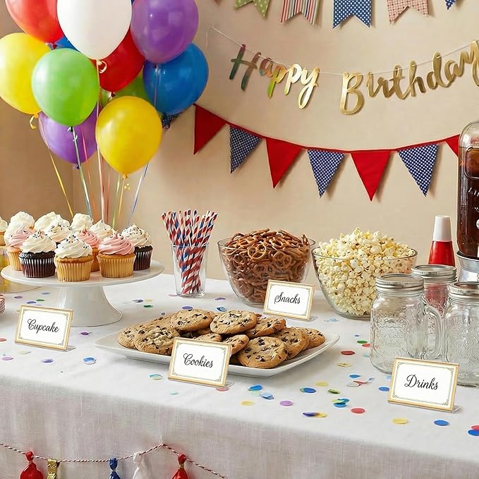 EHWINE 60 Pack Gold Acrylic Sign Holders, 3.5 x 2 Inch Slanted L-Shaped Name Tag & Price Label Display Stand for Wedding Table, Boutique, Retail Counter, Trade Show