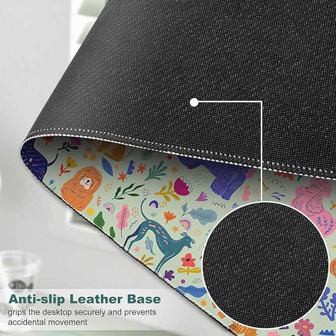 DINKY Leather Desk Pad Protector Mouse Pad, Green Non-Slip Computer Mat for Desk, Cute Dog PVC Leather Office Desk Mat, Laptop Desk Blotter for Keyboard and Mouse