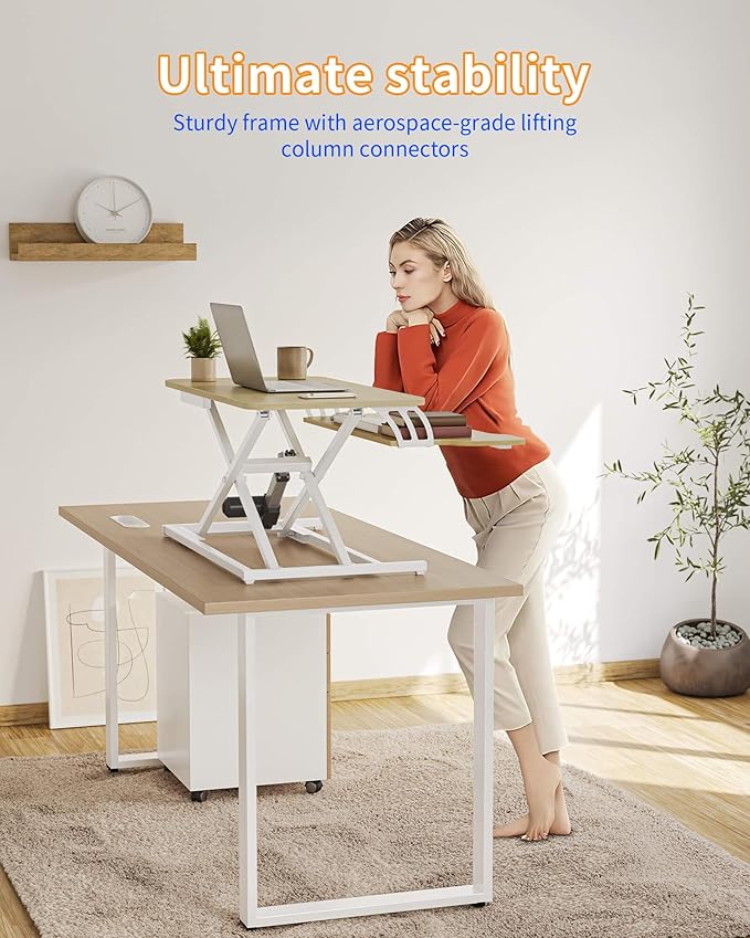 YIHAYO Electric Standing Desk Converter 32 inch, Sit to Stand Up Height Adjustable Desk Riser, Quick Sit to Stand Tabletop Dual Monitor Riser Workstation for Home Office with Keyboard Tray, Natural