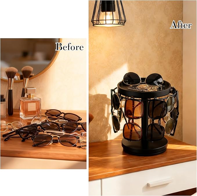 Sunglasses Organizer 360° Rotating Eyeglass Holder Stand with Wood Tray and Base, Eye Glass Display Rack for Multiple Sunglass Storage for Table Dresser Nightstand Desk (Black)