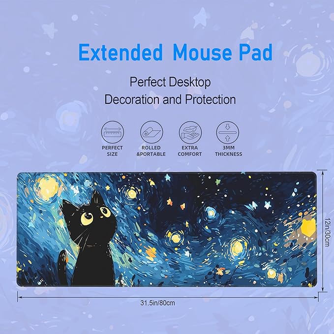 Starry Night Cat Gaming Mouse Pad,Large Cute Mousepad,Extended Anime Dreamy Waterproof Desk Mouse Mat,Kawaii Blue Stitch Mousemat for Office and Home,31.5 x 12in