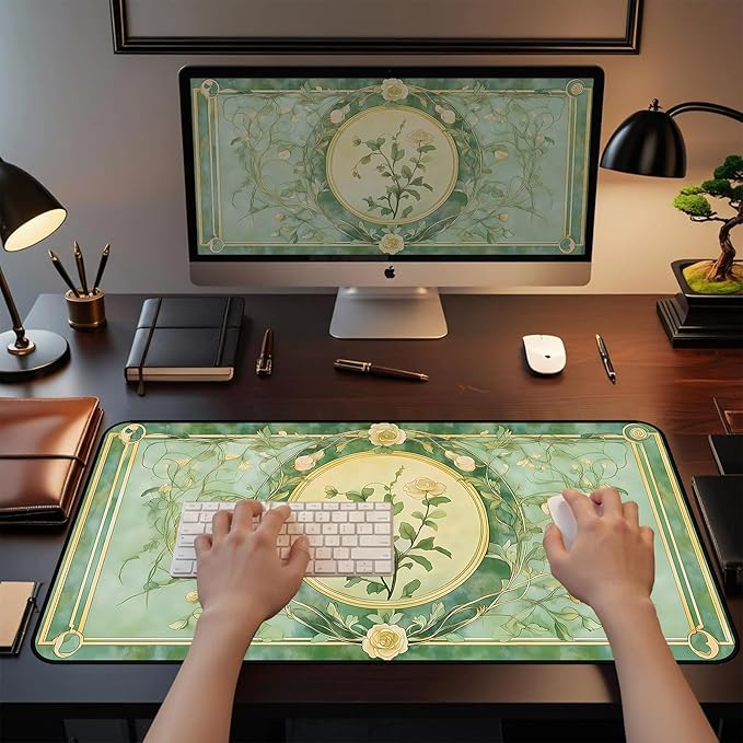 Rose Flower Desk Mat Green Desk Matt, Retro Flower Plant Mousepad, Large Extended Gaming Mouse Mat XXL, Big Laptop Keyboard Pad Mat, Women's Office Desk Decor, with Stitched Edges 31.5"X15.7"