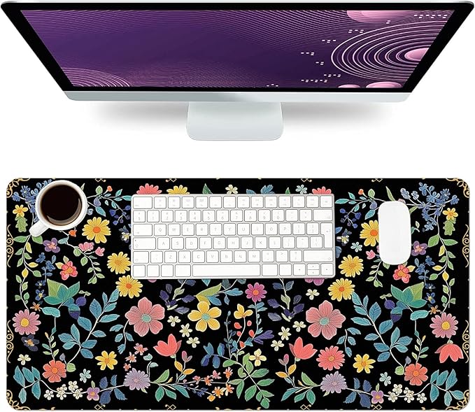 Desk Mat Large Mouse Pad, Non-Slip PU Leather Gaming Mousepad Keyboard Mouse Mats Desk Pads 27.5"x13.8" for Work Office Decor Gifts Black Floral
