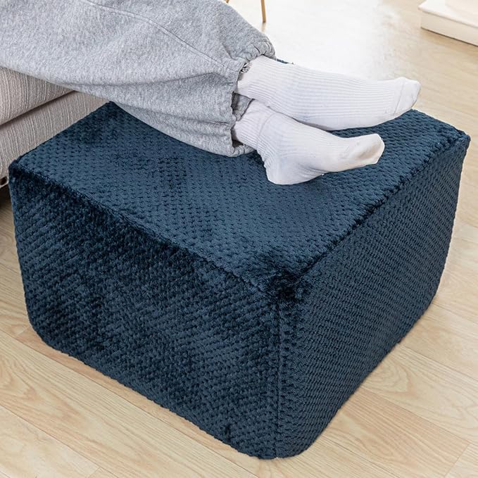 Furry Square Pouf Ottoman – 20"x14" One-Piece Seamless Integral Foam Foot Stool Ottoman Foot Rest Living Room Bedroom Under Desk (Navy Blue)