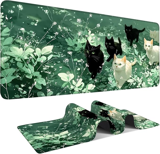 Large Mouse Pad, Cute Cat Gaming Mouse Pad Desk Mat, Non-Slip Base Extended Keyboard Mat, Thick 3mm Smooth Surface Mousepad for Office & Home, 35.5 x 15.8 Inch