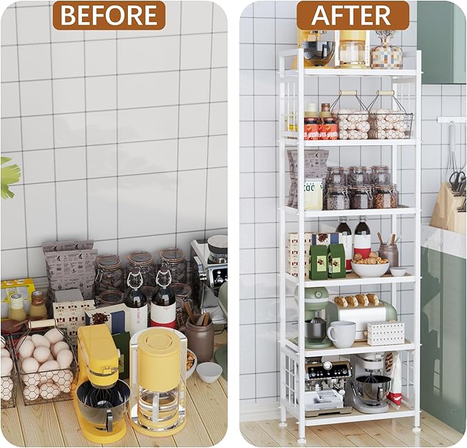 GIOTORENT 6-Tier Pantry Shelves with Wooden Boards, Heavy Duty Storage Shelves & Book Shelf, Adjustable Metal Shelving Unit for Kitchen Bathroom Laundry Organizer, Sturdy Rust-Resistant, White