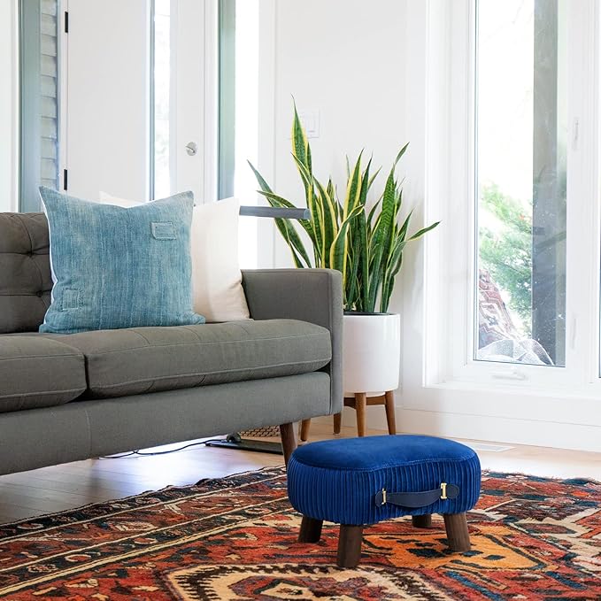 LUE BONA Small Curved Foot Stool with Handle, Navy Blue Velvet Footstool and Ottomans, Modern Foot Rest with Wooden Legs, Step Stool with Padded Seat for Couch, Living Room