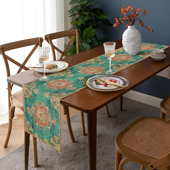 Boho Green-Red Table Runner,Vintage Elegant Farmhouse Table Center Linen Decor,Country Rustic Farmhouse Magical Fall Kitchen Dining Table Decoration for Home Dining Party Decor 13x108 Inch