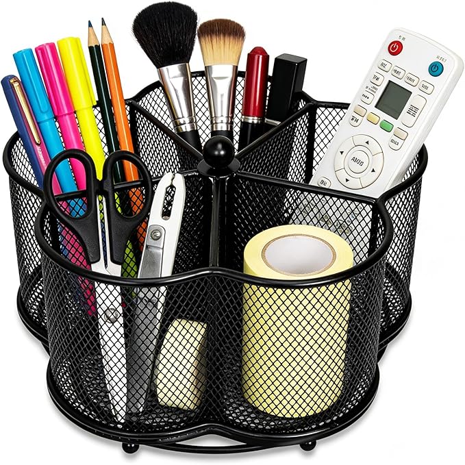 360 Degree Rotating Desk Pen Organizer, Pen Holder for Desk with 4 Compartments,Silverware Organizer for Kitchen Counter,Vanity Makeup Brush Stand, Multi-Functional Pencil Holder for Supplies
