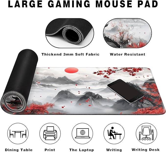Long Gaming Mouse Pad Extended Anime Large Desk Pad with Non-Slip Base Full Keyboard Mat with Stitched Edges for Gaming and Office 31.5 x 11.8 inches (Mountain Cherry)