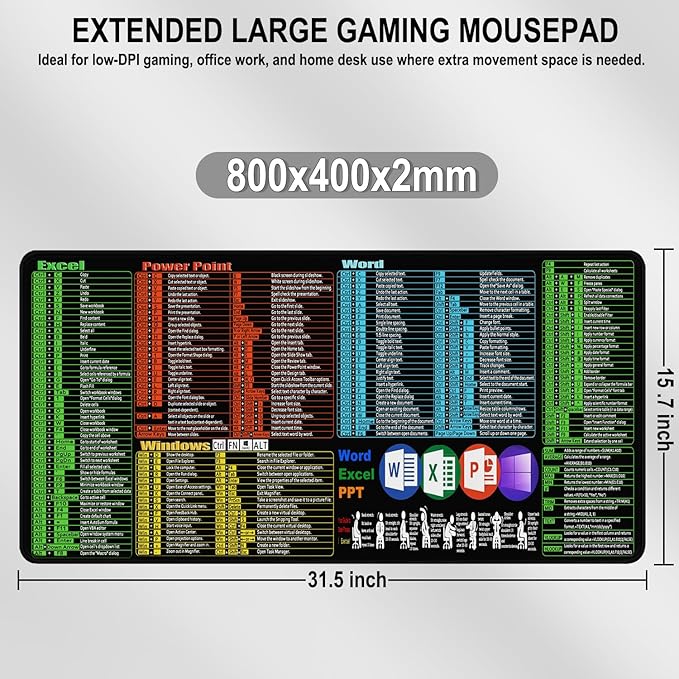 Excel Shortcuts Large Mouse Pad, 31.5 x 15.7 in Gaming Extended Mousepad with Stitched Edge, Non-Slip Rubber Base Water Resist Keyboard Pad for Office Game Home XXL, Word Excel PPT