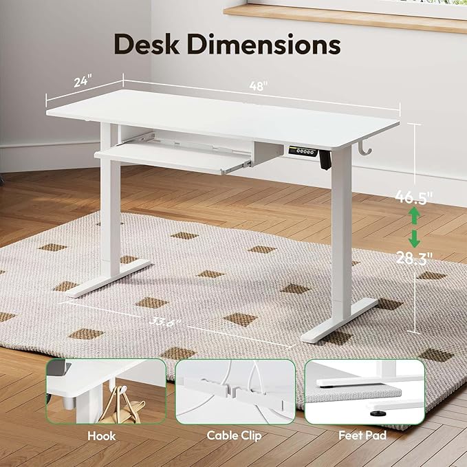 Electric Standing Desk with Keyboard Tray,48x24 inches Adjustable Height Stand Up Desk,3 Preset Heights,Equipped with Hooks,Raising Desks for Home Office and Computer Workstation,Black