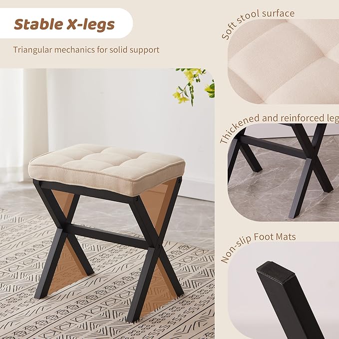 Foot Stool Small Ottoman Foot Rest Padded Foot Stool Desk for Under Office Desk Vanity Stool Bamboo Footstool Sofa Footrest Shoe Stool Small (Black Legs + Beige)