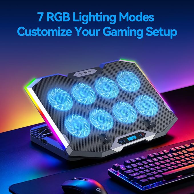 ICE COOREL Gaming Laptop Cooling Pad with 8 Cooling Fans, Laptop Fan Cooler Pad for 15-17.3 Inch, Notebook Cooler Stand with 6 Height Adjustable, RGB Cooling Pad with Two USB Port + Phone Stand