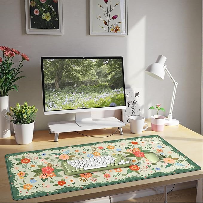 HAOCOO Cute Green Desk Mat, Floral Keyboard & Mouse Pad for Office/School/Home, Waterproof Large Desktop Mat, Non-Slip Cubicle Decor with Stitched Edge, Desk Pad Protector Girly Supplies