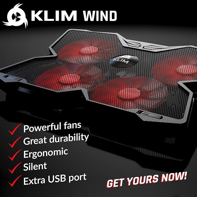 KLIM Wind Laptop Cooling Pad - Support 11 to 17 Inch Laptops, PS4-4 Fans - Light, Quiet, Powerful Cooling - Gamer USB Slim Portable Laptop Stand - NEW 2021 Version - Black
