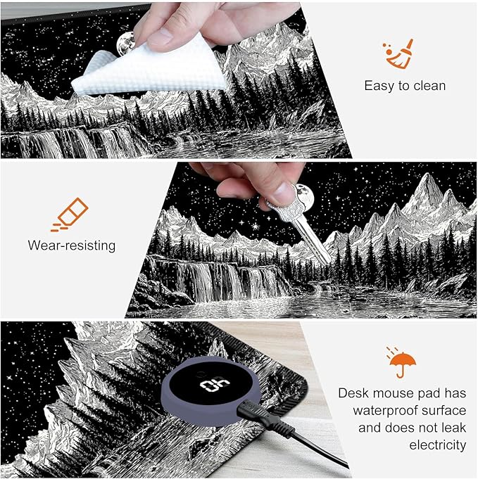 Heated Mouse Pad,Warm Desk Pad with 3 Levels Heating & 3 Hours Auto Shut-Off, PU Leather Heated Desk Pad Warmer Pad for Home Office - 23.6 x 14.2 inch,Moon Mountain Starry Night