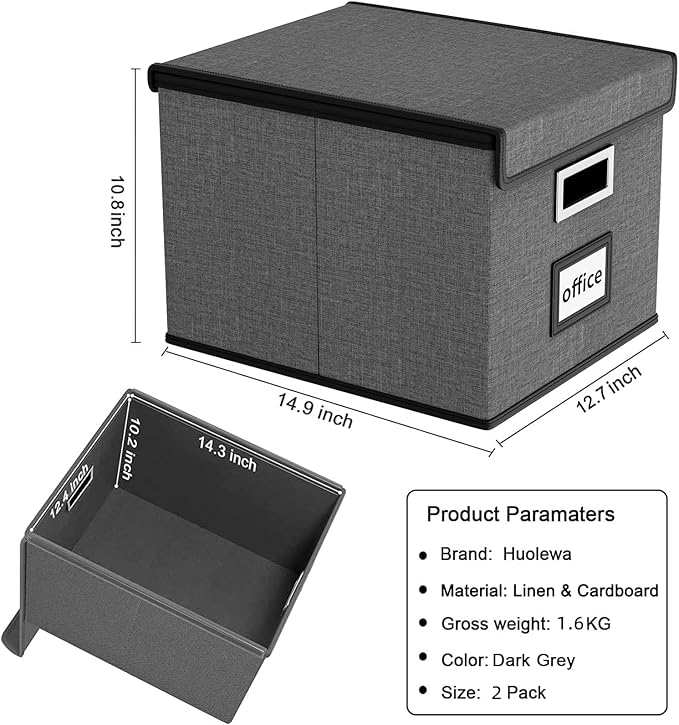 File Organizer Boxes with Lids, Linen Office Document Storage Boxes, Filing Boxes, Decorative Small File Boxes for Hanging Files with Plastic Slide for Office/Cabinet/Decor/Home