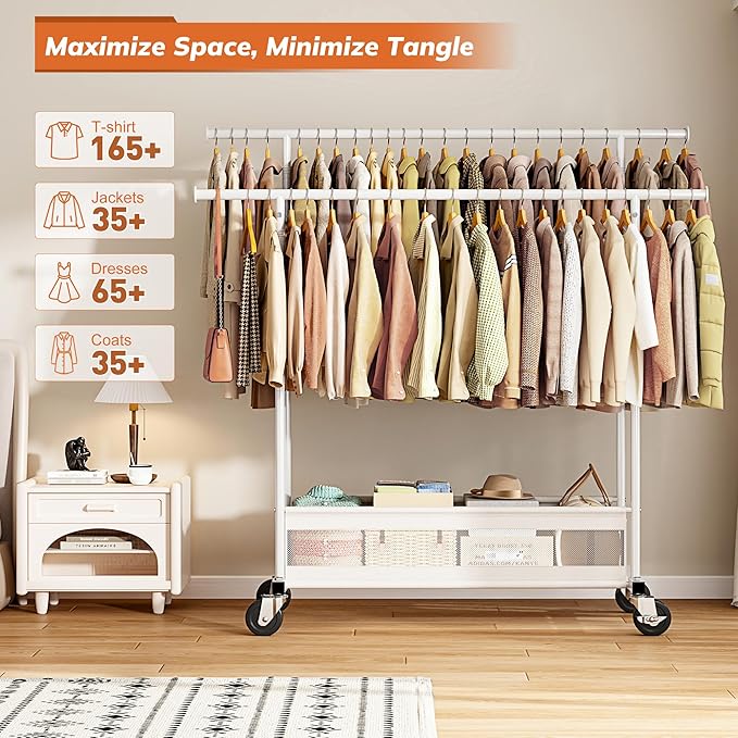 Clothes Rack, Double Rods Clothing Rack, Clothing Racks for Hanging Clothes, Rolling Clothes Rack with Storage Basket & Heavy Duty Wheels, Garment Rack for Bedroom, Laundry Room, White