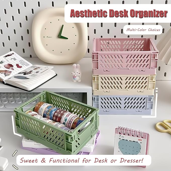Tobeso-Nuoze Mini Pastel Plastic Storage Baskets 2 Pack, Collapsible Crates for Organizing, Space-Saving Bins for Kitchen, Office, Bedroom (Orange, Small: 5.8"x 3.8" x 2.2")