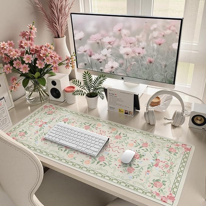 HAOCOO Cute Floral Desk Mat, Large Waterproof Mouse Pad, Girly Desk Matt for Desktop, 35.4" x 15.7" Non-Slip Keyboard Pad, Computer Mat with Stitched Edge, Office Decor Home Desk Accessories (Green)