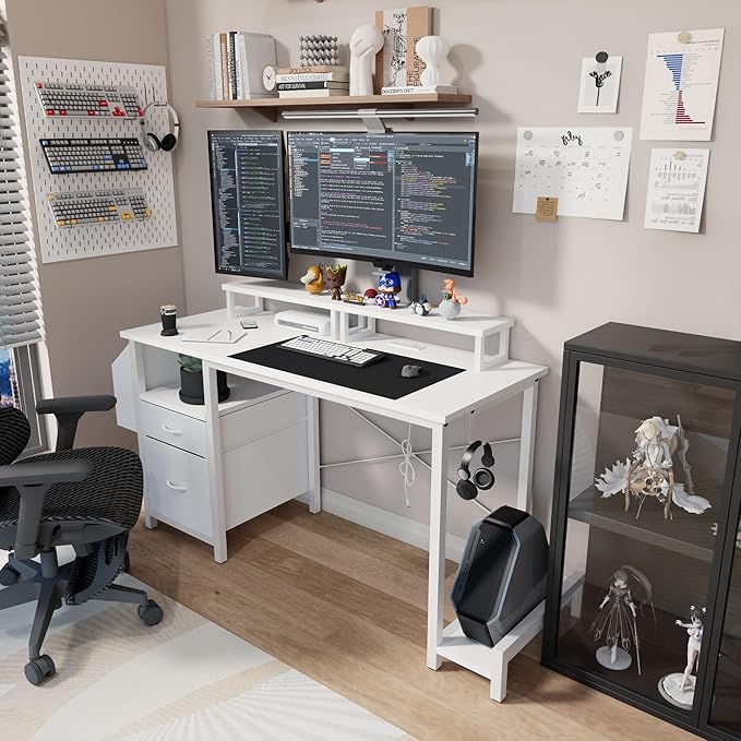 Home Office Desk with Side Pocket and Drawers, Modern Computer Desk for Small Space Bedroom, 47 Inch Gaming Desk with Power Outlet & 2 Movable Monitor Shelves (White)
