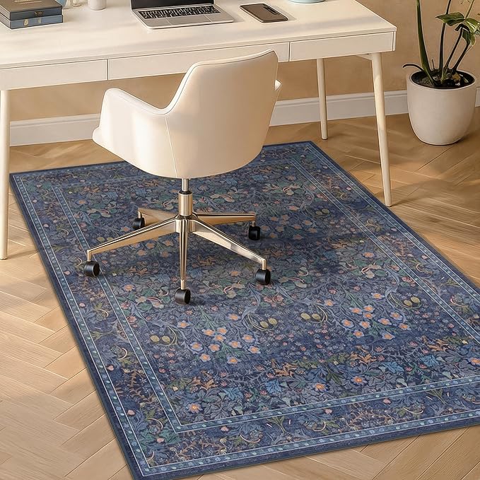 36"x48" Boho Dark Blue Office Desk Chair Mat for Hardwood Floor, Under Desk Rug with Non-Slip Rubber Backing, Small Computer Chair Rug for Heavy Duty Office Chair, Machine Washable (3x4 Navy Blue)