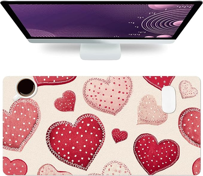 Red Heart Mouse Pad PU Leather Valentine's Day Desk Mat Large Waterproof Gaming Pad Non-Slip Keyboard Mouse Pad Writing Pad for Gamer Office&Home
