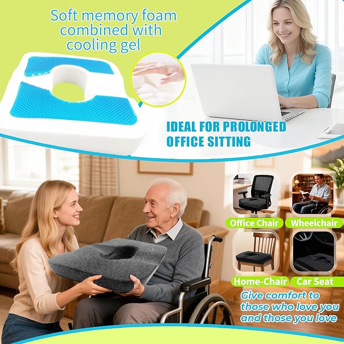 Gel & Memory Foam Wheelchair Seat Cushion,Donut Pillow for tailbone pain relief,Bed Sore Cushions for Butt,Pressure Relief,Sciatica,Coccyx,hemorrhoid Pillow,Cushion for Office Chair & Desk（GRAY）
