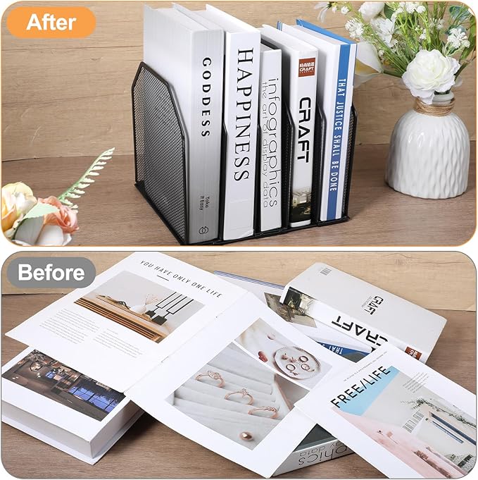 2 Pcs Vertical File Organizer for Desk - Metal Mesh Holder with 5 Compartments, File Folder Rack & Document Storage Stand - 9.3" x 8.5" x 7.9"