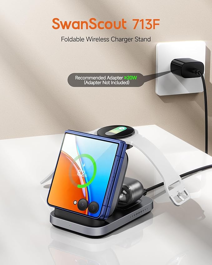 SwanScout Wireless Charger for Samsung Z Flip 7/7 FE/6/5/4/3, 3-in-1 Charging Station for Galaxy Watch 8 Classic/8/Ultra/7/FE/6/5/4, SwanScout 713F (NO Adapter)