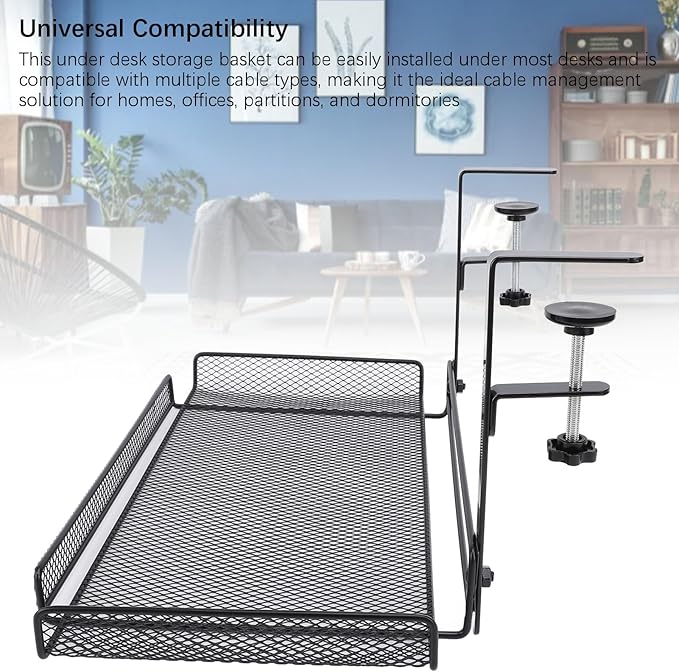 Under Desk Wire Organizer, Cable Management Tray Metal, Large Storage Tray Clamp Mount for Office Home, No Drill Cable Raceway (Black)