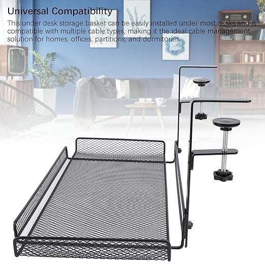 Under Desk Cable Management Tray, 14.4 x 7.9 x 6.9 Inch Large Cpacity Metal Mesh Desk Cable Tray with Clamp Mount No Drill Carbon Steel Desk Cable Organizer for Home Office (Black)