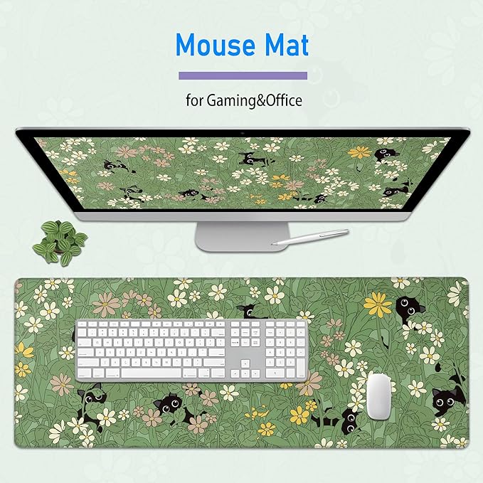 Large Green Gaming Mousepad,Cat Cute Desk Decor Mat,Kawaii Black Cat Plant Aesthetic Extended Keyboard Mouse Pad with Non-Slip Base and Stitched Edge,31.5 x 12in