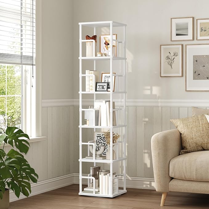 MAHANCRIS 5-Tier Rotating Bookshelf, Freestanding Corner Bookshelf, 360° Spinning Bookcase, Industrial Style Storage Rack with Rails, for Living Room, Bedroom, Study, White BKWT1601
