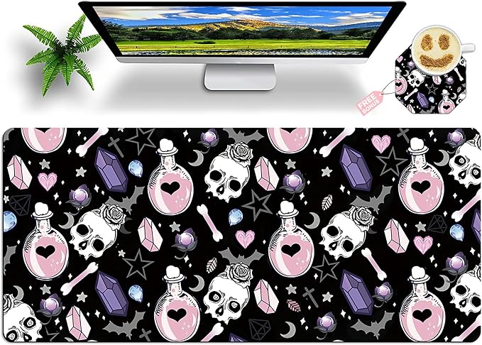 XXL Extended Mouse Pad with Coaster 31.5 x 11.8 Full Desk Mousepad Stitched Edges Pad Extended Large Gaming Mouse Pad for Office Home Desk Mat-Skull Goth Magic Cute Witchy