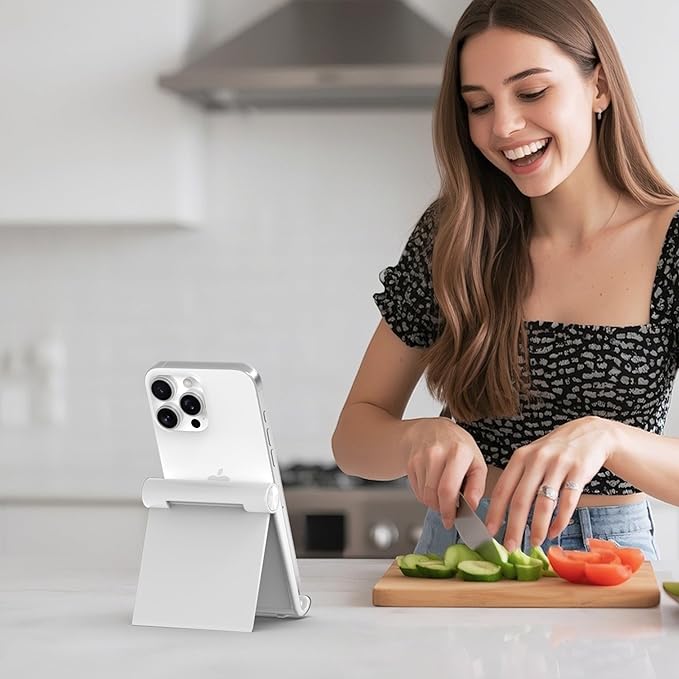 Cell Phone Foldable Stand for Desk, Portable Cell Phone Holder, Adjustable Tablet Dock, Office Desk Accessories for iPhone 17 16 15 14 13 Pro Max Air, Galaxy S25, S24, White&White