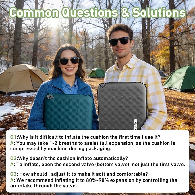 Inflatable Seat Cushion, 2 Pack Self Inflating Memory Foam Portable Stadium Seat Cushions for Bleachers Lightweight Camping Comfort Airplane Cushion for Long Flights Outdoor Events (2 Pack Blue)