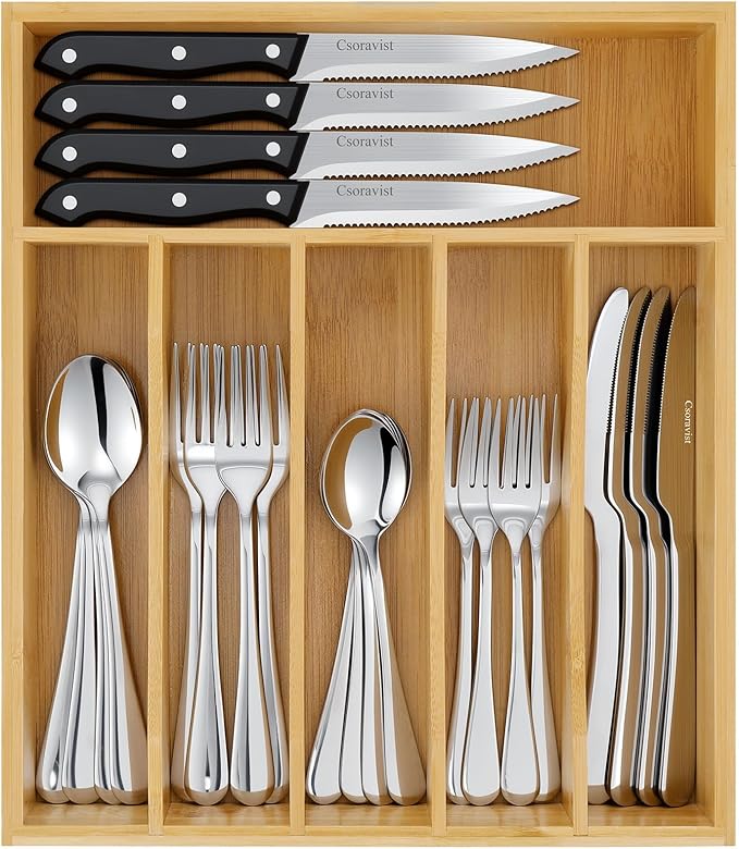 49-Piece Silverware Set with Bamboo Drawer Organizer, Heavy-Duty Stainless Steel Flatware Set for 8, Cutlery Sets with Steak Knives, Mirror Polished & Rust-Proof,Dishwasher Safe