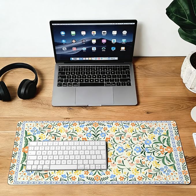 Large Gaming Mouse Pad Green Floral Desk Mat,Non-Slip Rubber Base Stitched Edges,Extended Mousepad for PC,Laptop,Office,Home Decor(31.5 x 11.8 Inch)