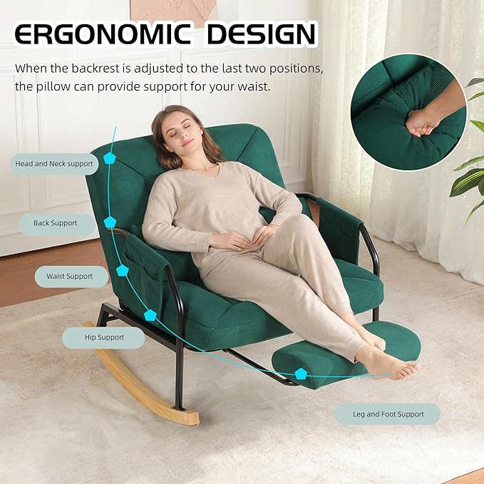 Oversized Reclining Rocking Chair with Foot Rest, 110°–160° Adjustable Backrest, Upholstered Armchair with Side Pocket for Nursery and Living Room, Green