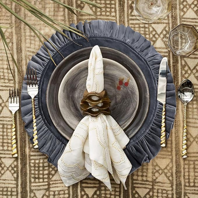 18 Inch Velvet Round Placemat with Ruffle for Dining Table Outdoor Placemats Non-Slip Washable for Gathering, Occasional Decoration and Family Parties Celebrations Set of 4, Gray