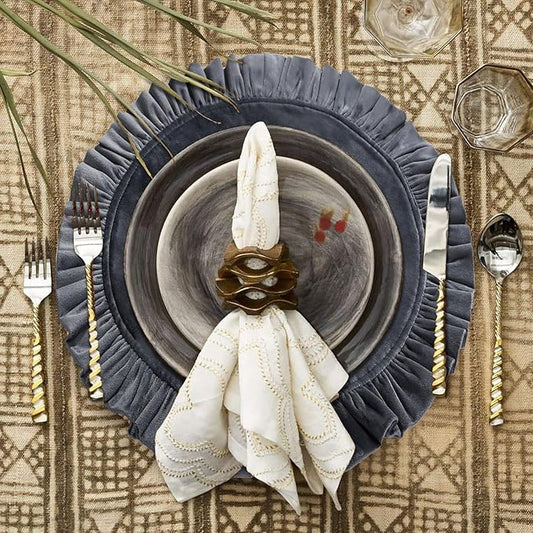 18 Inch Velvet Round Placemat with Ruffle for Dining Table Outdoor Placemats Non-Slip Washable for Gathering, Occasional Decoration and Family Parties Celebrations Set of 4, Gray
