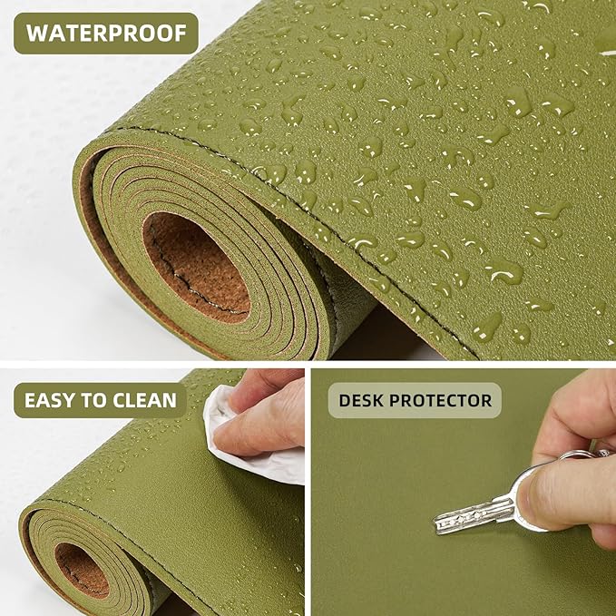 AFIING Cork Desk Mat 47" x 17", Dual-Sided Natural Cork & PU Leather Desk Pad, Non-Slip Waterproof Large Mouse Pad for Office, Home & Gaming (Olive Green)