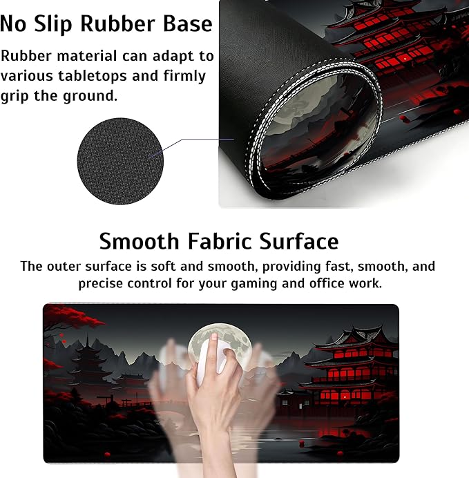 Large Gaming Mouse Pad Japan Red Black Full Moon Desk Mat,Non-Slip Rubber Base Stitched Edges,Extended Mousepad for PC,Laptop,Office,Home Decor(31.5 x 11.8 Inch)