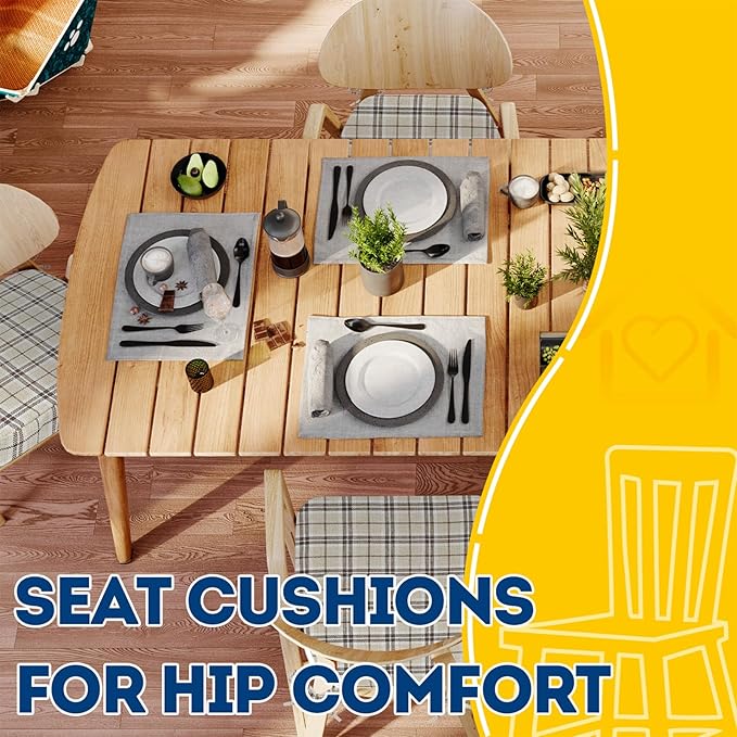 AAAAAcessories D-Shaped Chair Cushions, 2" Thick Dining Chair Pads with Ties and Removable, Machine-Washable Cover, 17" x 16", Set of 2, Yellow Checkered